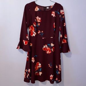 Burgundy Dress with Pink Flowers, Mid Rise, Good Condition, Old Navy Size Small
